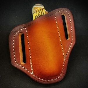 Eye catching air brush dyed Brown leather sheath for the Trapper and stockman style knives