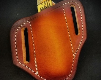 Eye catching air brush dyed Brown leather sheath for the Trapper and stockman style knives