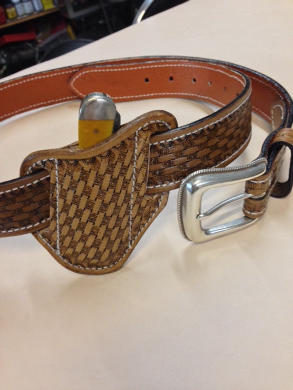 Hand Tooled Custom Basket Weave Belt and Trapper Knife Sheath Etsy