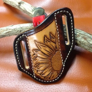 Quality Custom hand Tooled Sunflower Trapper or stockman style Knife sheath Great Quality