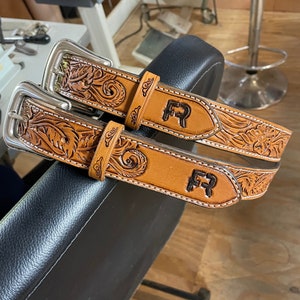 Custom hand tooled Mongrammed Floral Tooled Belt with Engraved Buckle