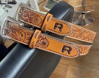 Custom hand tooled Mongrammed Floral Tooled Belt with Engraved Buckle
