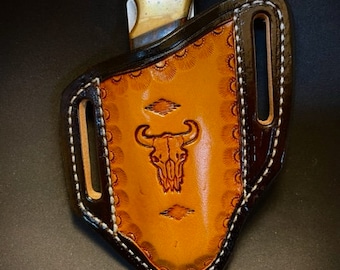 Buck 110 Knife sheath tooled with Steer head Brown & Saddle Tan