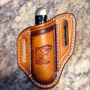 Tooled Trout Pancake Knife Sheath for Trapper Style Knives