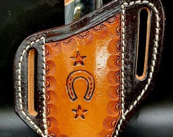 Hand Tooled Texas Star and Horse shoes Trapper Style knife sheath for Trapper and stockman knives