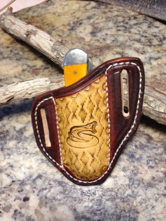 Tooled Rattle Snake knife sheath fro the Trapper style pocket knives