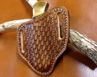 Amazing Quality Hand Tooled Basket weave knife sheath for the Buck 110 or the Full size Sodbuster Folder knives