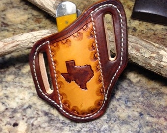 Hand Tooled State of Texas Trapper Style Pancake knife sheath for Trapper and stockman style knives
