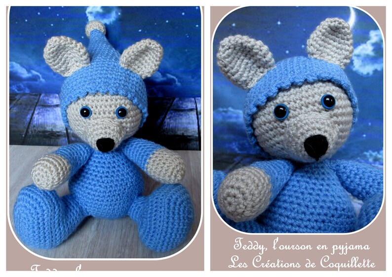 amigurumi child blue pajamas gift Bear crochet beige handmade Christmas Pooh plush child Xmas Doudou birthday