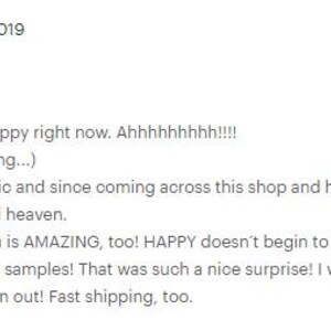 May include: A screenshot of an Etsy customer review from Andielias, dated April 27, 2019. The review includes a five-star rating and enthusiastic text about a patchouli product, mentioning 'plain' vanilla and free samples.