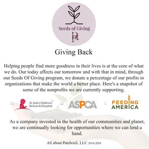Peut inclure: Image avec le texte "Seeds of Giving" et "Giving Back". L'image pr&eacute;sente St. Jude Children's Research Hospital, ASPCA et Feeding America comme des organisations caritatives soutenues. Le texte d&eacute;crit le programme de dons de l'entreprise.