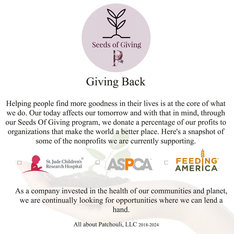 Peut inclure: Image avec le texte "Seeds of Giving" et "Giving Back". L'image pr&eacute;sente St. Jude Children's Research Hospital, ASPCA et Feeding America comme des organisations caritatives soutenues. Le texte d&eacute;crit le programme de dons de l'entreprise.