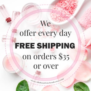 May include: Pink and white image with text that says "We offer every day FREE SHIPPING on orders $35 or over" with a website address below. The image also includes pink bath salts, small bottles, and rose petals.