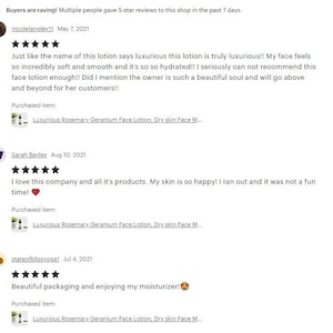 May include: Screenshot of Etsy shop reviews. Text includes customer testimonials with 5-star ratings and comments about a face lotion. The reviews mention the product's luxurious feel and packaging.