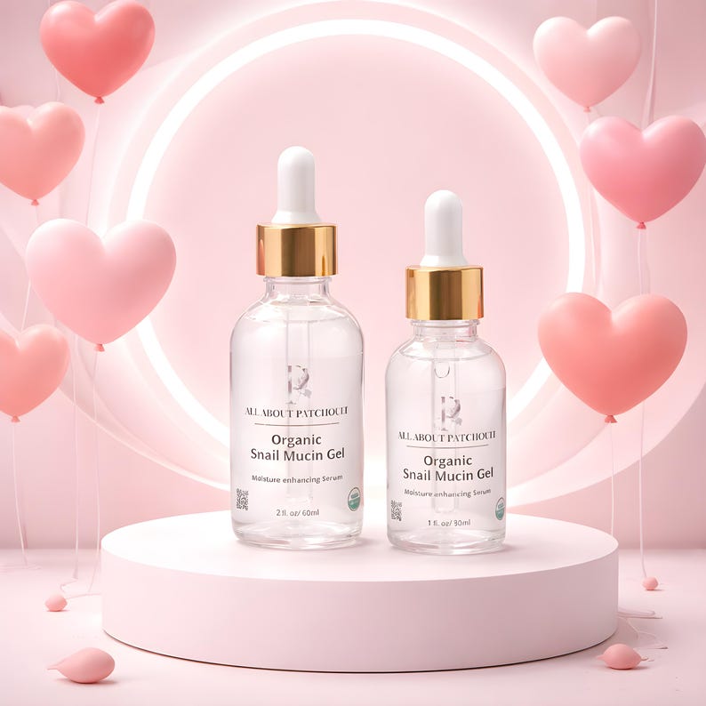 May include: Two clear glass bottles with gold-colored caps and white droppers are displayed on a pink platform. The bottles are labeled "Organic Snail Mucin Gel" and are surrounded by pink heart-shaped balloons.