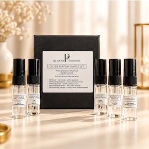 May include: A black box labeled All About Patchouli Eau de Parfum Sample Set containing five glass spray vials. Each vial features a white label with scent names including Patchouli, Sandalwood, Vanilla, White Musk, and Nag Champa with descriptions.