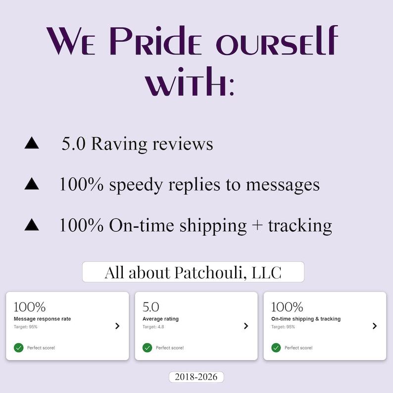 K&ouml;nnte beinhalten: Bild mit Text: "We Pride Ourselves With: 5.0 begeisterte Bewertungen, 100% schnelle Antworten auf Nachrichten, 100% P&uuml;nktlicher Versand + Tracking." Darunter steht "All about Patchouli, LLC."