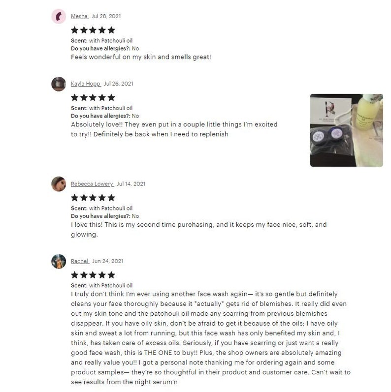 May include: Four customer reviews for a face wash with patchouli oil. The reviews are positive and mention the product's effectiveness in clearing blemishes, improving skin tone, and leaving skin feeling soft and glowing. The reviews also highlight the brand's excellent customer service and thoughtful packaging.