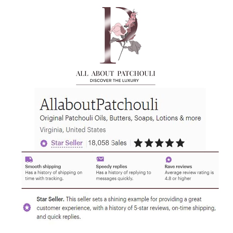 K&ouml;nnte beinhalten: Etsy-Shop-Banner f&uuml;r AllaboutPatchouli. Das Logo zeigt ein stilisiertes "P" mit floralen Akzenten. Das Banner enth&auml;lt den Shop-Namen, eine Produktbeschreibung und ein "Star Seller"-Abzeichen mit Kundenservice-Details.