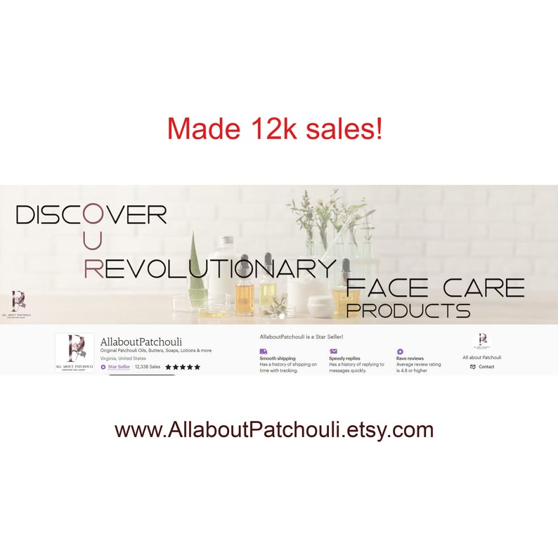 Peut inclure: Publicit&eacute; pour AllaboutPatchouli, avec le texte "DISCOVER U REVOLUTIONARY FACE CARE PRODUCTS." L'image pr&eacute;sente divers produits de soins de la peau, notamment des flacons et des pots. Le texte "Made 12k sales!" est &eacute;galement visible.