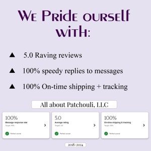 Peut inclure: Image avec du texte : &laquo; Nous sommes fiers de : 5,0 avis &eacute;logieux, 100 % de r&eacute;ponses rapides aux messages, 100 % d'exp&eacute;dition et de suivi &agrave; temps. &raquo; Comprend &eacute;galement &laquo; All about Patchouli, LLC &raquo; et des statistiques.