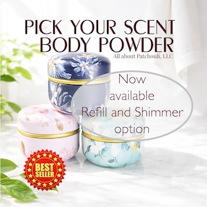 Pick Your Scent Body Powder 4oz, Talc-Free, Natural Dusting Powder, Shimmer Option, Puff & Refill Available, Customizable Body Powder