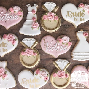 The Victoria - 1 Dozen Personalized Piped Heart Bridal Shower Cookies, Engagement Wedding Custom Decorated Sugar Cookies