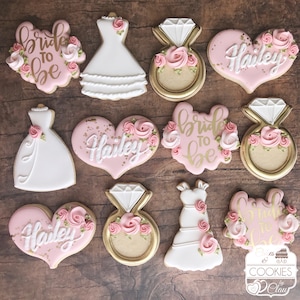 The Hailey - 1 Dozen Personalized Piped Heart BTB Bridal Shower Cookies, Engagement Wedding Custom Decorated Sugar Cookies