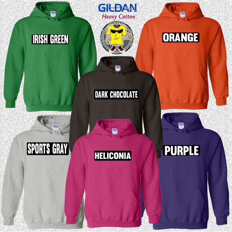 May include: Six hooded sweatshirts in different colours with a Gildan logo and the words "Heavy Cotton" on the top. The sweatshirts are labelled with the following colours: Irish Green, Orange, Dark Chocolate, Sports Grey, Heliconia, and Purple.