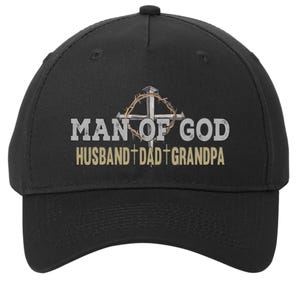 May include: Black baseball cap with the text "MAN OF GOD" above a cross and crown of thorns graphic. Below the graphic are the words "HUSBAND + DAD + GRANDPA" in a white and gold font. The cap has a curved brim.
