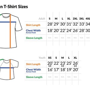 May include: A chart showing Gildan T-shirt sizes for adults and youth. The chart includes measurements for shirt length, chest width, and sleeve length in inches.