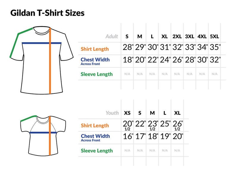 May include: A chart showing Gildan T-shirt sizes for adults and youth. The chart includes measurements for shirt length, chest width, and sleeve length in inches.