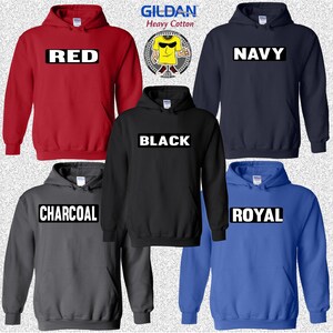 May include: Five hooded sweatshirts in different colours with the words "RED", "NAVY", "BLACK", "CHARCOAL", and "ROYAL" printed in white on the front.