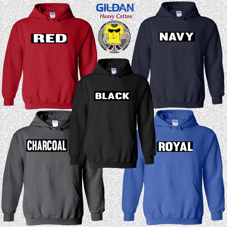 May include: Five hooded sweatshirts in different colours with the words "RED", "NAVY", "BLACK", "CHARCOAL", and "ROYAL" printed in white on the front.