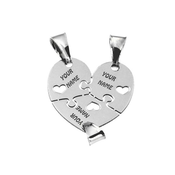 Ciondolo Cuore personalizzato che si divide in tre, in argento 925 rodiato, per collana e bracciale. Incisioni gratuite. Migliori amici