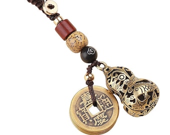 Gourd Shape Keychain with Five Bronze Chinese Ancient Looking Coins, Handmade Wood Carved Keychain, Handmade Twist Braid Keychain