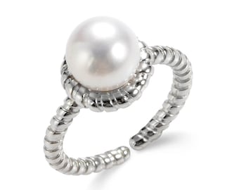 925 Sterling Silver Solitaire Pearl Twisted Rope Band Ring Opening Adjustable