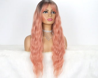 Long Ombre Synthetic Dark Root Natural Looking Pink Wig with Bang 26 Inches