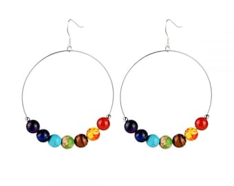 Large Hoop 7 Chakra Stone Earrings Women Loop Circle Drop Dangle Fashion Jewelry for Girls