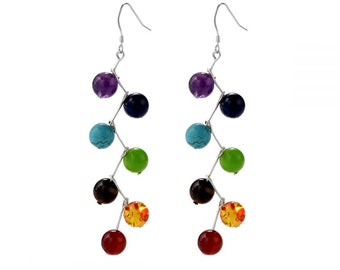 Rainbow Chakra Stones Long Dangle Earrings 925 Sterling Silver Hook