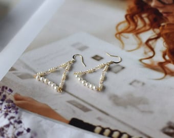 Freshwater Pearl Geometric Triangle Hoop Statement Earrings for Women Girls