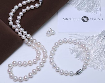 Freshwater Cultured Pearl Necklace Set Includes Bracelet And Stud Earrings Jewelry for Women with Luxury Gift Box（8mm)