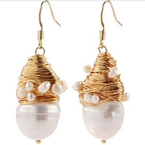 Baroque Large White Freshwater Cultured Pearl Drop Earrings Gold Plated Brass Wire Earring