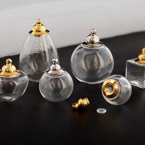 Gold Tone Mini Empty Glass Ball Bottles Pendant, Fillable Keepsake for Flower, Hair, Treasures or Any Memories