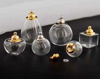 Gold Tone Mini Empty Glass Ball Bottles Pendant, Fillable Keepsake for Flower, Hair, Treasures or Any Memories