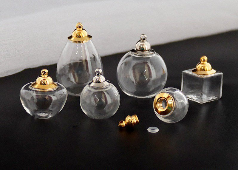 Gold Tone Mini Empty Glass Ball Bottles Pendant, Fillable Keepsake for Flower, Hair, Treasures or Any Memories