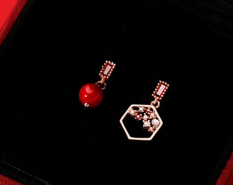 Red Agate Earrings Dangle Earrings|Drop Earrings Chinese Style|Handmade Vintage Earrings