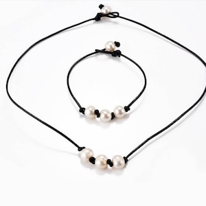 9-10 mm White Freshwater Round Pearls Knotted on Leather Cord Necklace and Bracelet Jewelry Set CDPD536