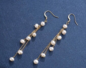 Stylish Long Chain White Freshwater Cultured Pearls Drop Dangling Earrings CDPD419