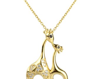 925 Sterling Silver Cute Kissing Giraffe Couple in Love Pendant Necklace 16 inch CDPY237